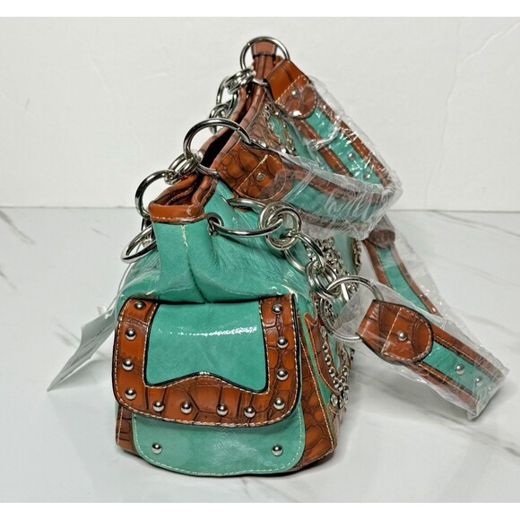 Western Turquoise Rhinestone Cross Handbag Tooled Brown Faux Leather Chain Strap - Picture 9 of 14
